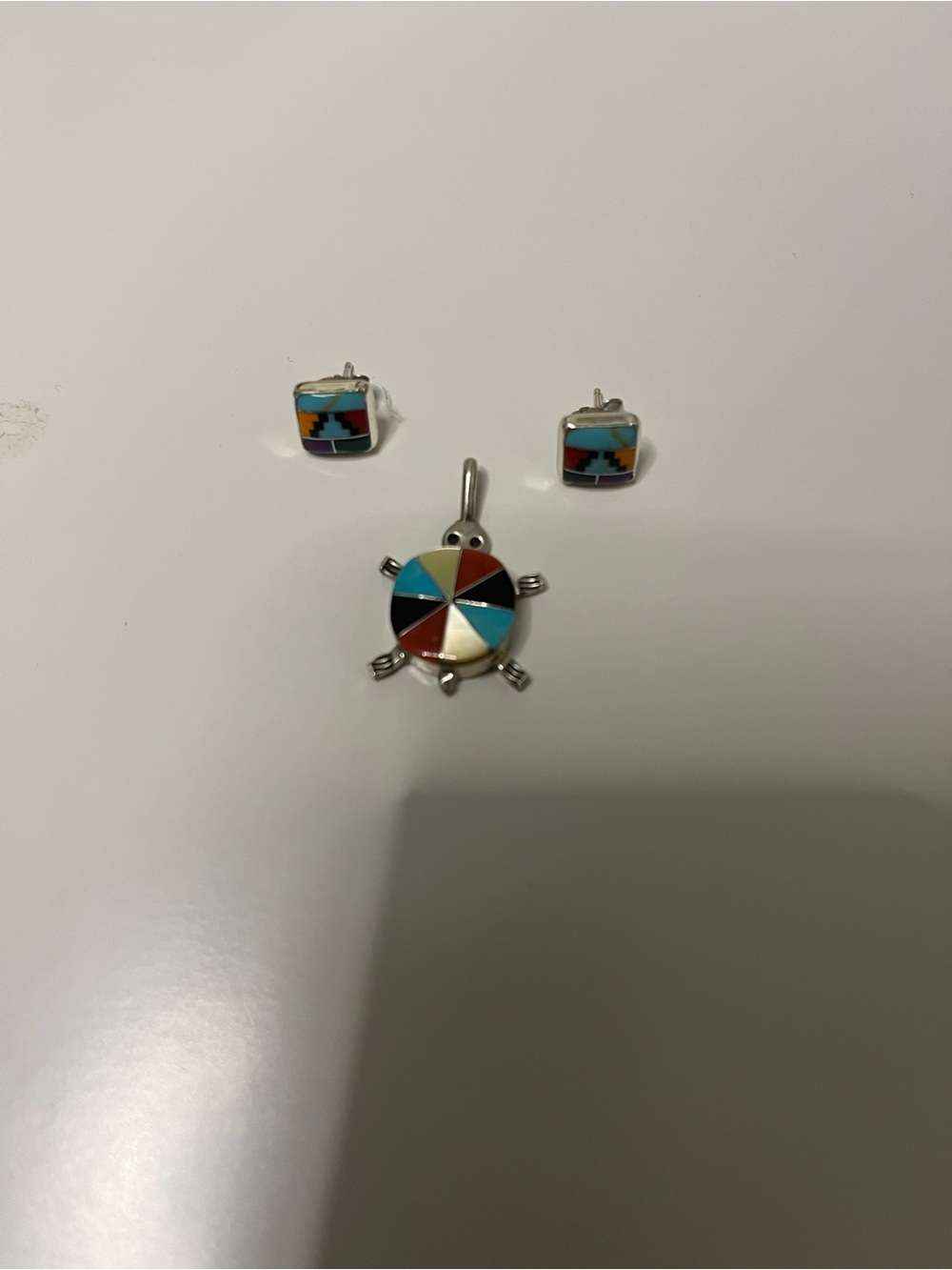 Sterling Silver Multicolor Turtle Pendant and Stud Earrings Set